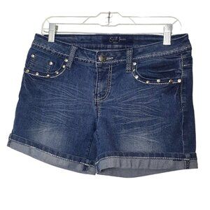 Earl Jean Junior Denim Shorts 9 Blue Rhinestone Embellished Studded Y2K Mid Rise